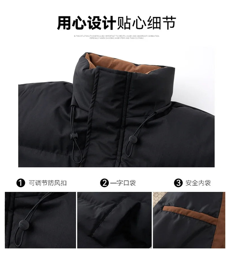 Male Solid Color Stand Collar Cotton Jacket Men Windproof Winter Thick Warm Parka Coat Men's Cotton Coat Thick Mens Warm Clothes