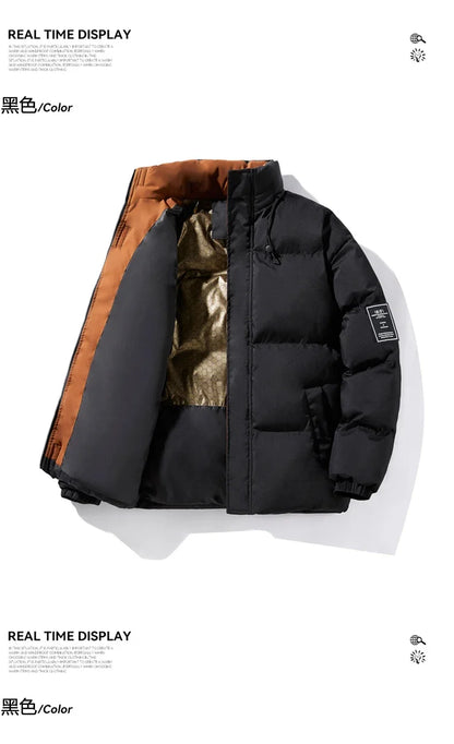 Male Solid Color Stand Collar Cotton Jacket Men Windproof Winter Thick Warm Parka Coat Men's Cotton Coat Thick Mens Warm Clothes