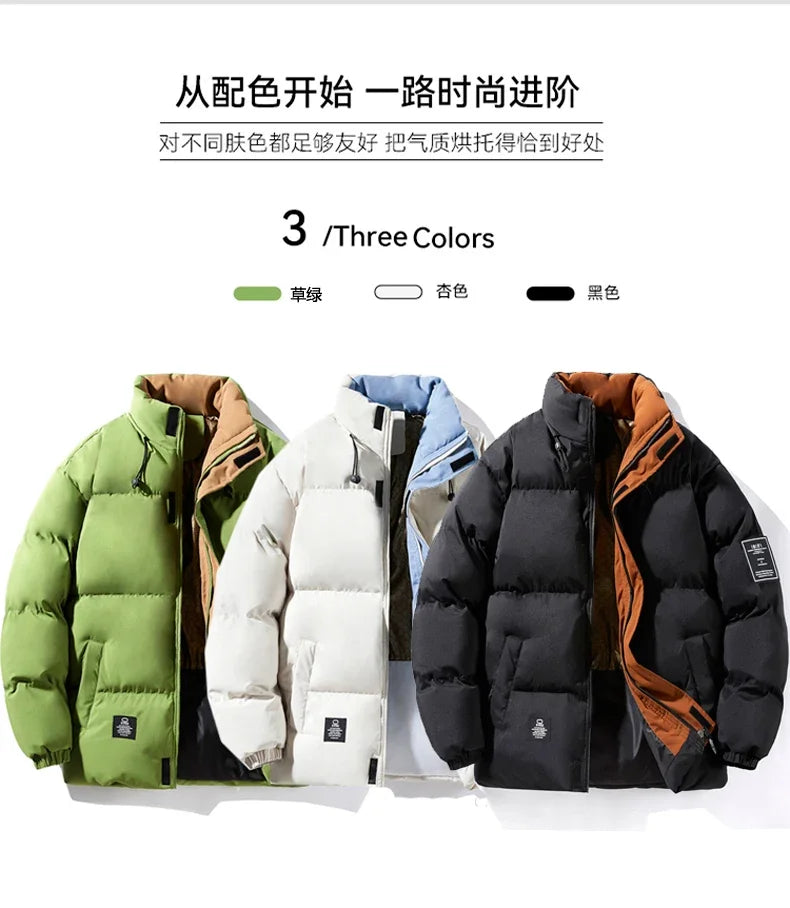 Male Solid Color Stand Collar Cotton Jacket Men Windproof Winter Thick Warm Parka Coat Men's Cotton Coat Thick Mens Warm Clothes